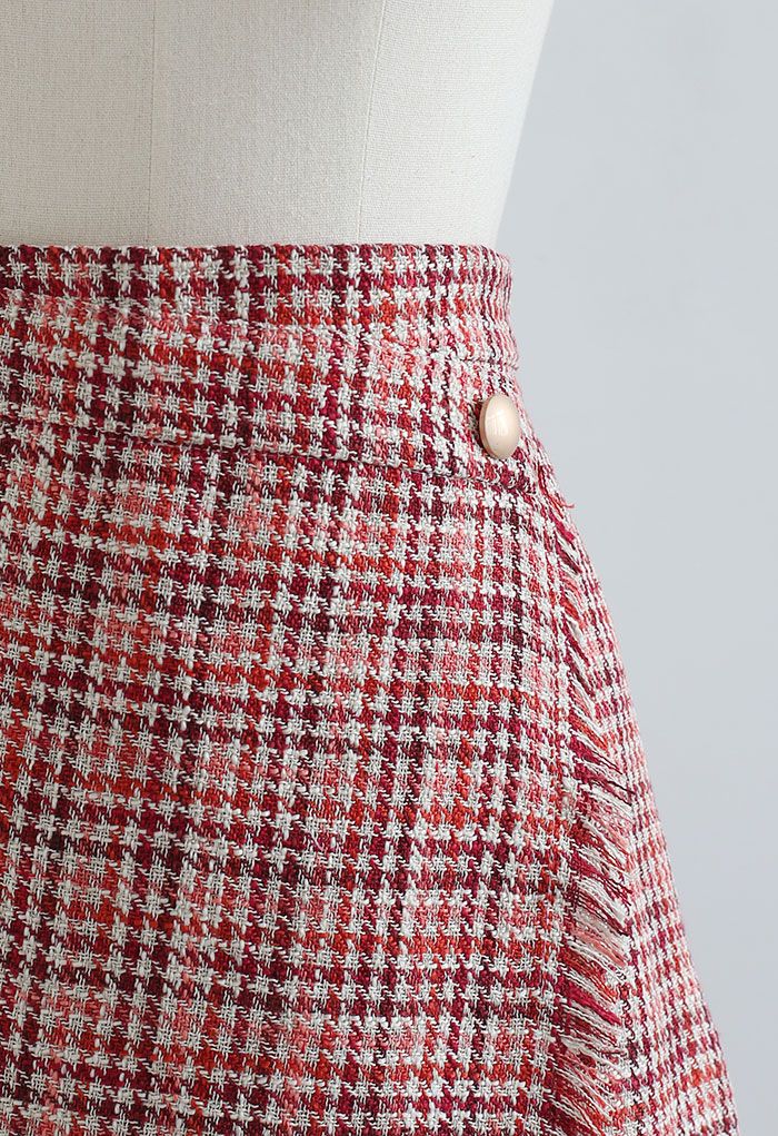 Tasseled Houndstooth Tweed Mini Flap Skirt in Red