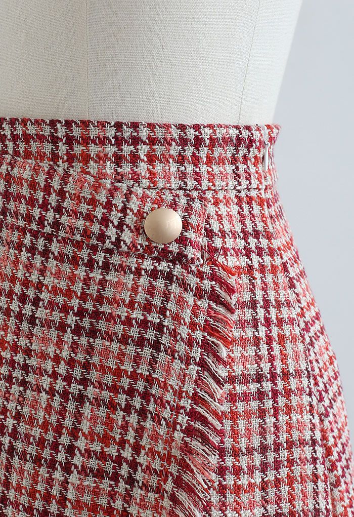 Tasseled Houndstooth Tweed Mini Flap Skirt in Red