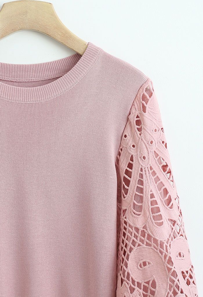 Baroque Crochet Sleeve Knit Top in Pink