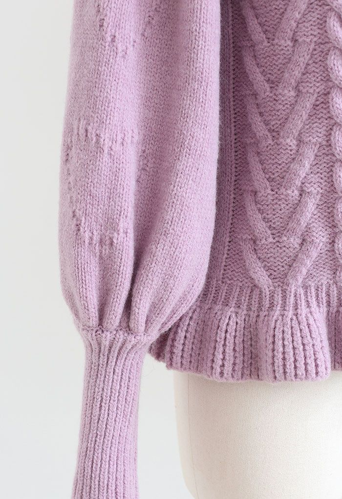 Still My Heart Bubble Sleeves Ruffle Hem Knit Sweater in Lilac