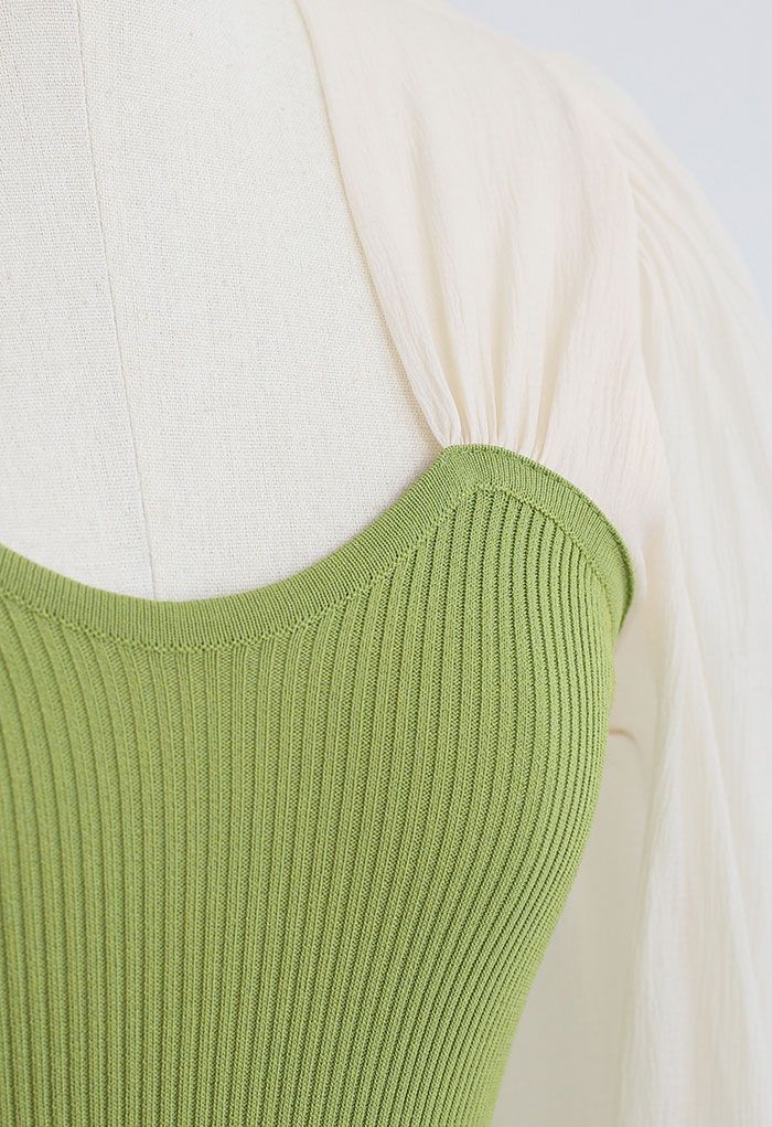 Spliced Bubble Sleeve Knit Top in Green