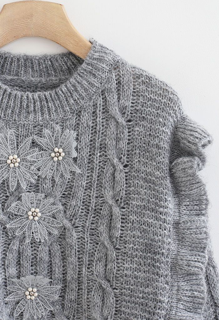 Crochet Flowers Decorated Ruffle Cable Knit Sweater in Grey