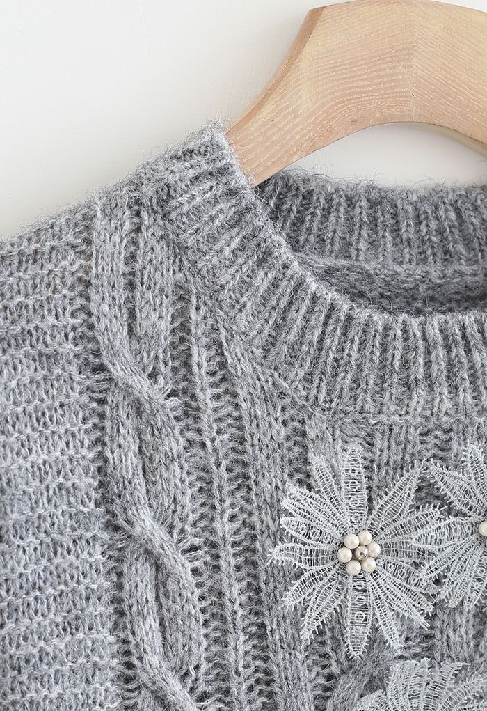Crochet Flowers Decorated Ruffle Cable Knit Sweater in Grey