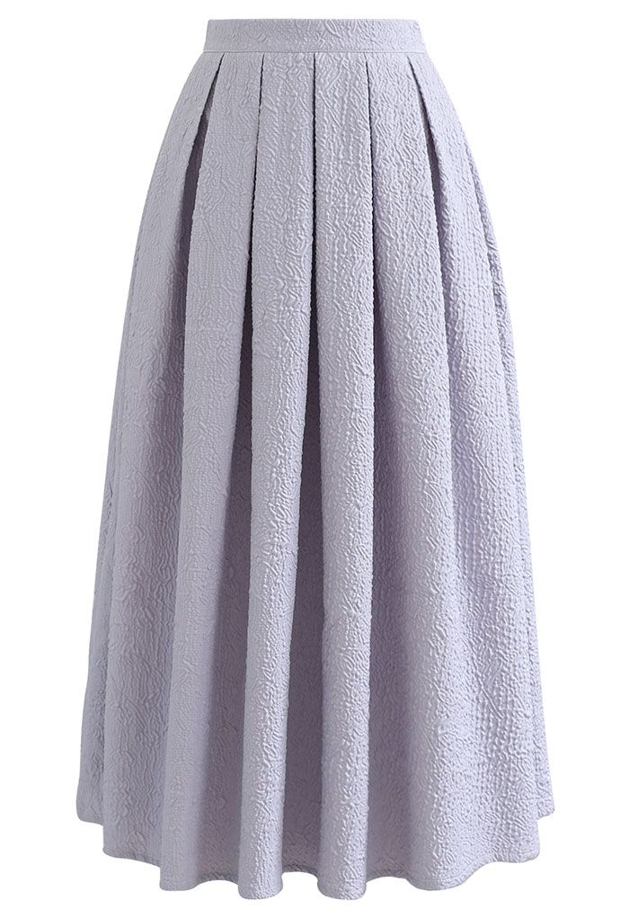 Carnation Embossed Satin Pleated Midi Skirt in Lilac
