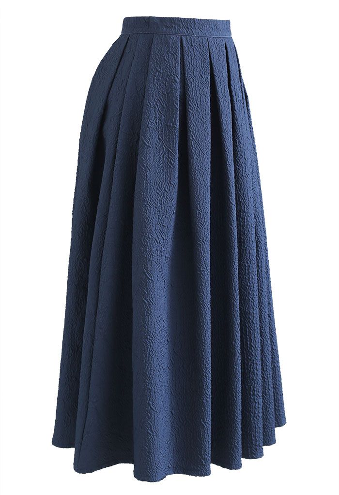 Carnation Embossed Satin Pleated Midi Skirt in Dark Blue