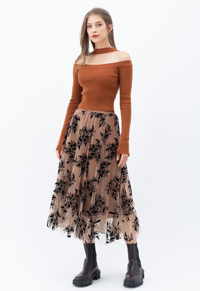 3D Leaf Double-Layered Mesh Tulle Midi Skirt in Caramel