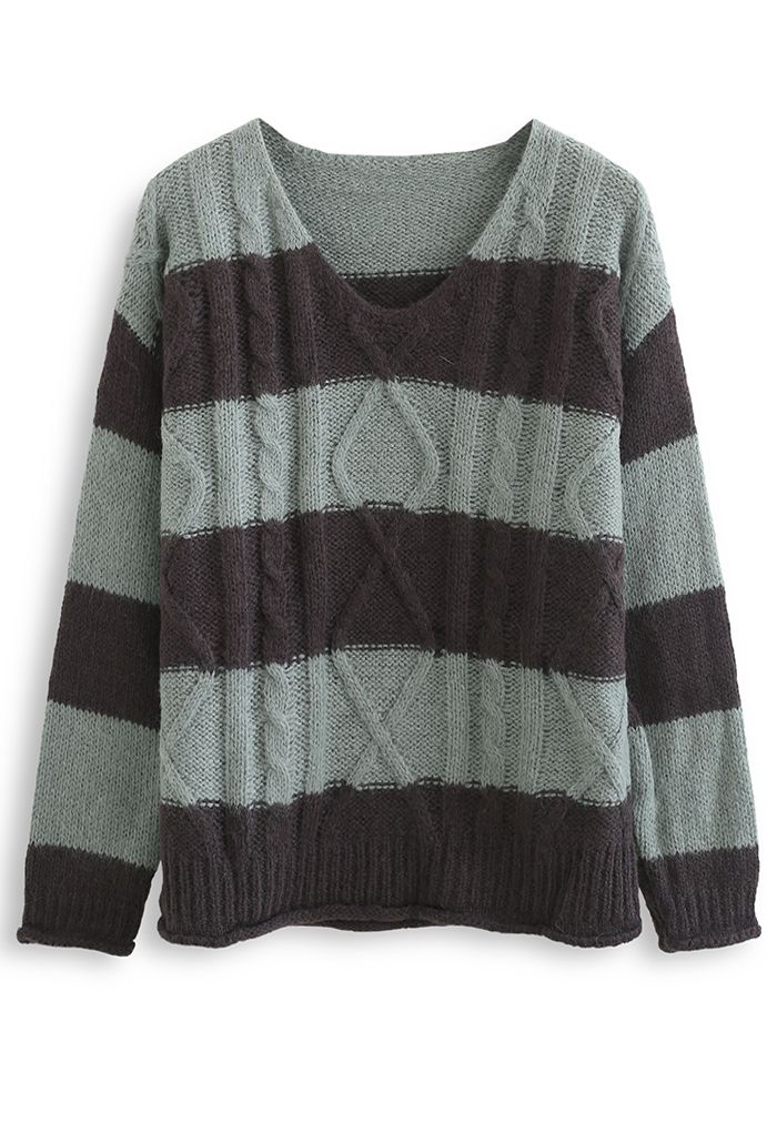 Color Blocked V-Neck Cable Knit Sweater in Sage