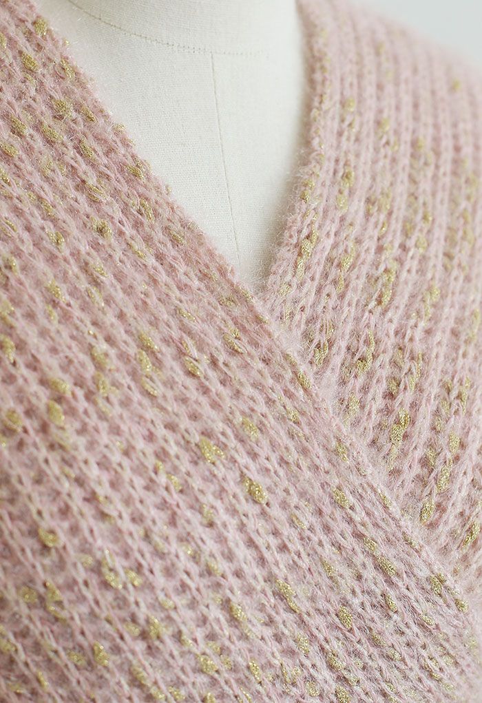 Crisscross Ribbed Knit Crop Sweater in Shimmer Pink