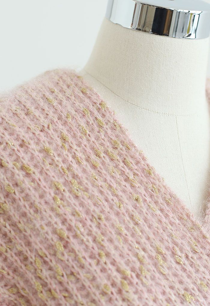 Crisscross Ribbed Knit Crop Sweater in Shimmer Pink