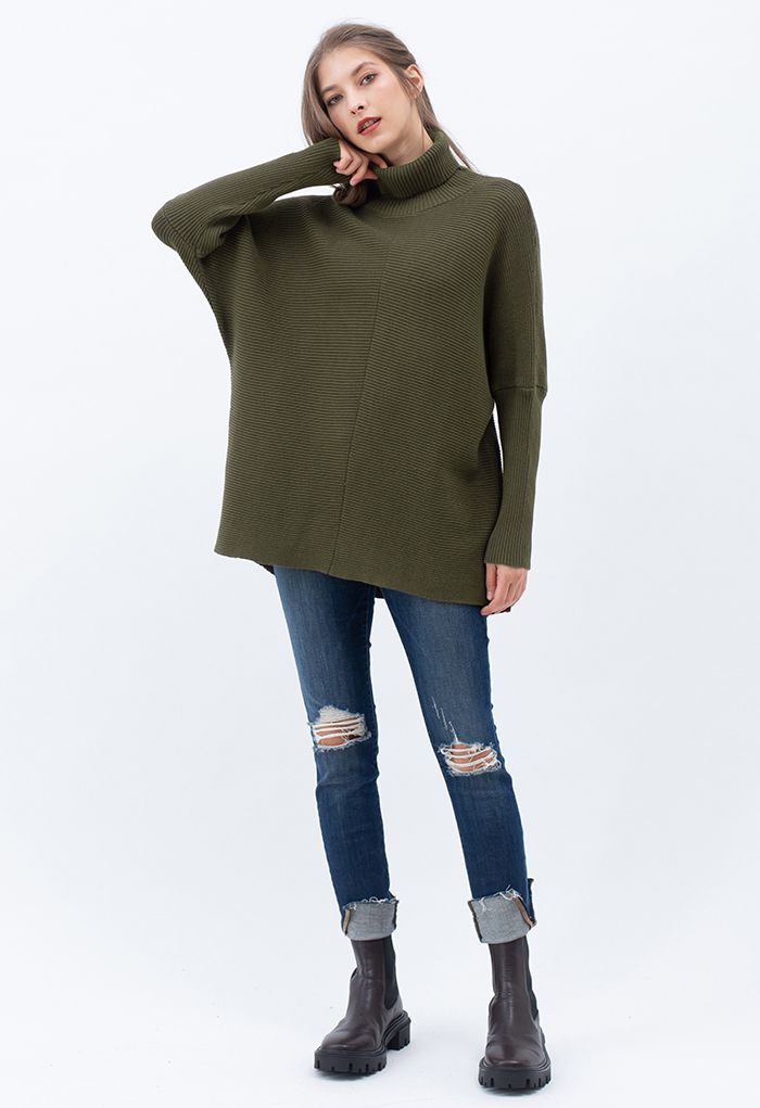 Effortless Chic Turtleneck Batwing Sleeve Hi-Lo Sweater in Army Green