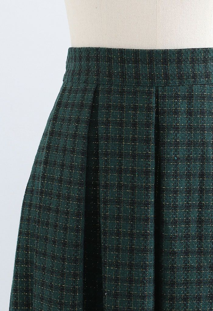 Shimmer Gingham Pleated Midi Skirt in Dark Green