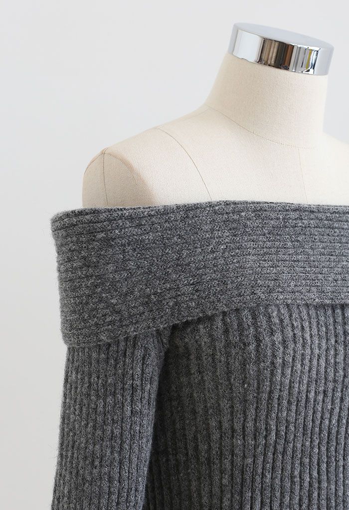 Courtly Off-Shoulder Fuzzy Crop Knit Top in Grey