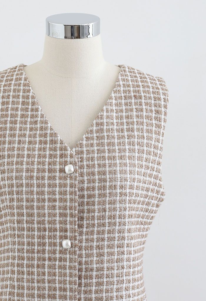 Button Down Sleeveless Shimmer Tweed Dress in Linen