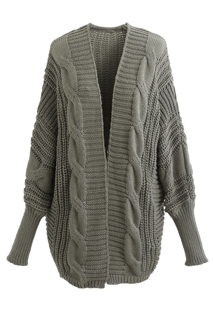 Open Front Batwing Sleeve Cable Knit Cardigan in Sage