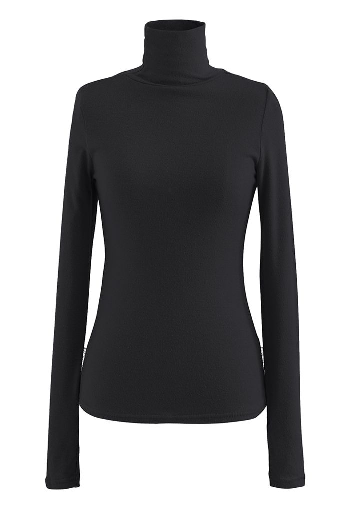 Turtleneck Thumb Hole Fitted Knit Top in Black