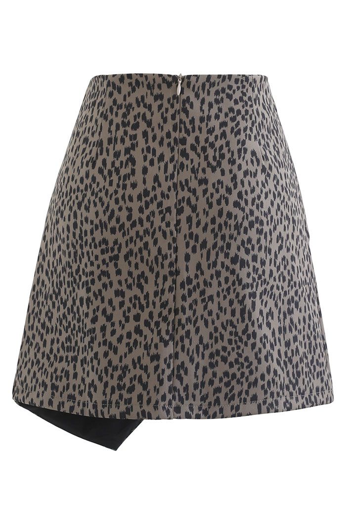 Animal Print Side Pleated Asymmetric Mini Skirt in Brown