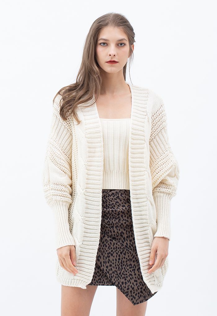 Open Front Batwing Sleeve Cable Knit Cardigan in Ivory