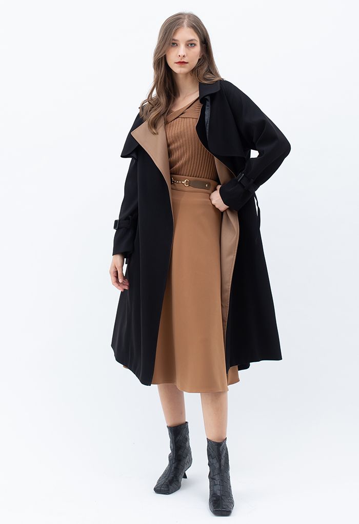 Contrast Wide Lapel Belted Black Trench Coat