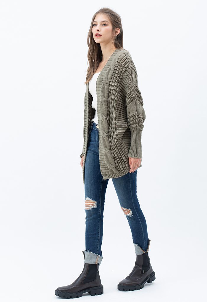 Open Front Batwing Sleeve Cable Knit Cardigan in Sage