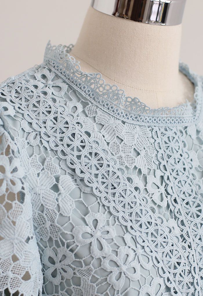 Clover Crochet High Neck Top in Blue