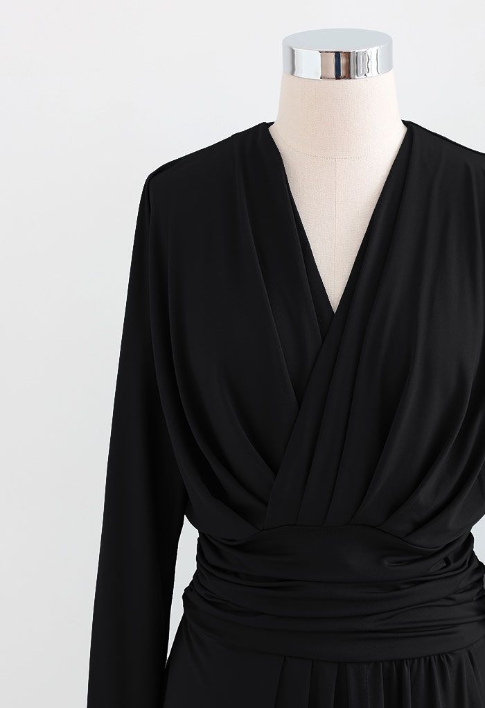 Ruched Wrap V-Neck Slit Maxi Dress in Black