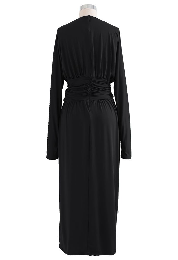 Ruched Wrap V-Neck Slit Maxi Dress in Black