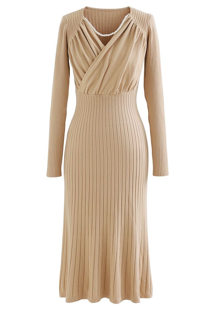 Ruched Wrap Front Ribbed Knit A-line Midi Dress in Light Tan