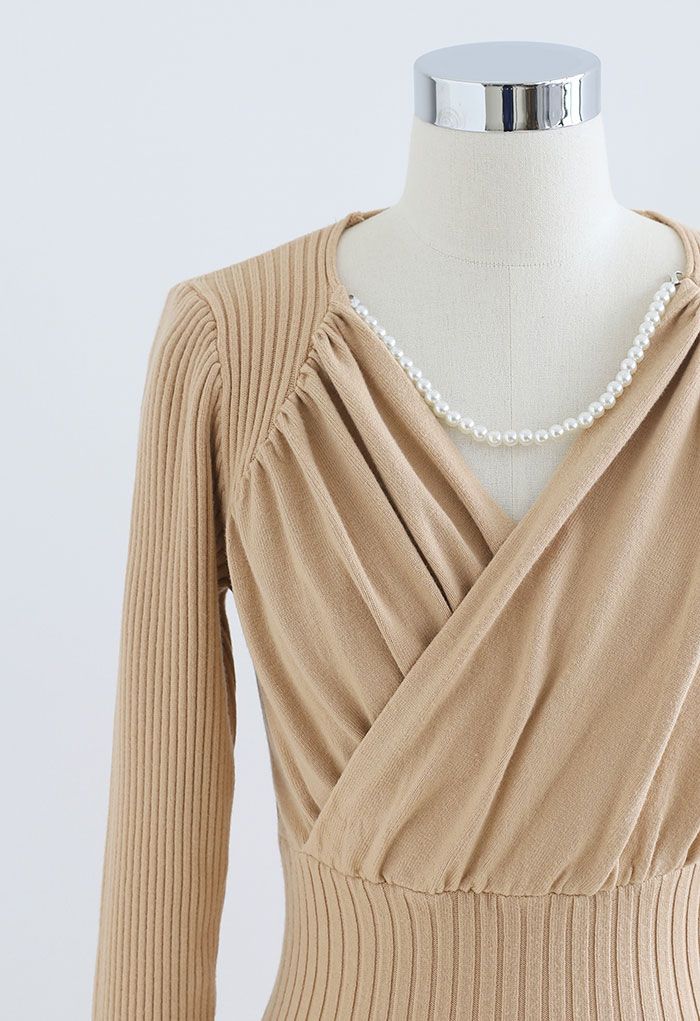Ruched Wrap Front Ribbed Knit A-line Midi Dress in Light Tan