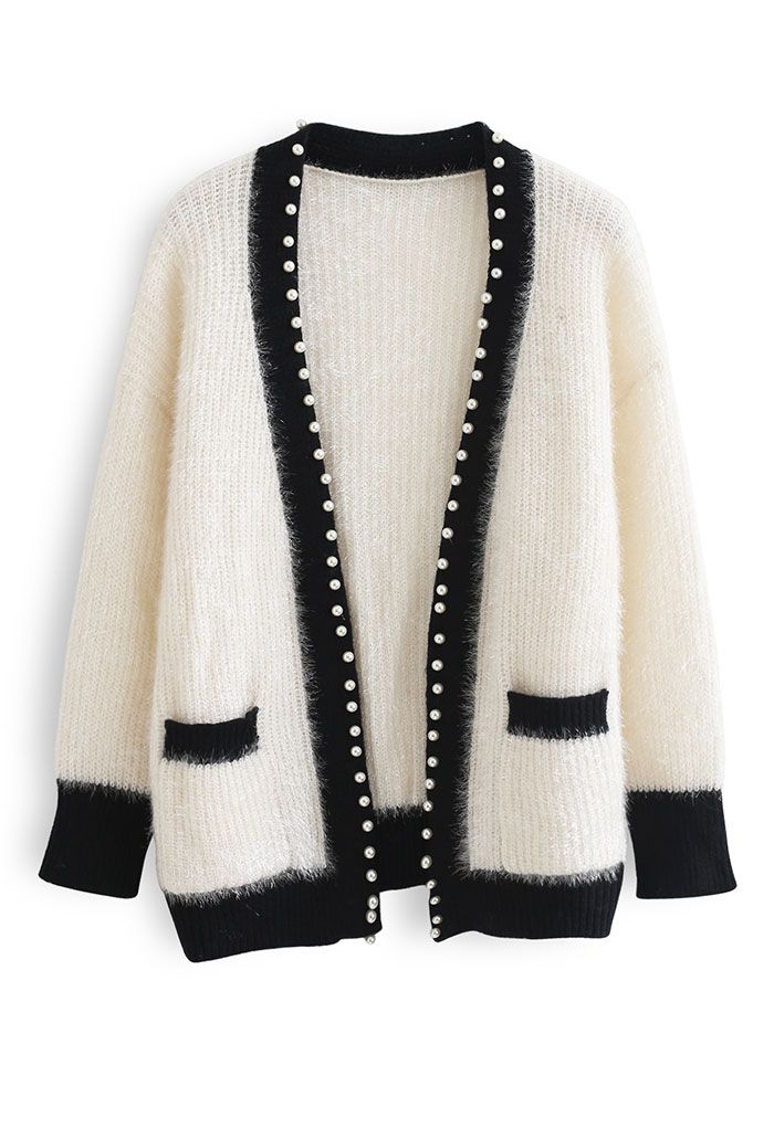 Shimmer Fuzzy Knit Pearly Cardigan in White