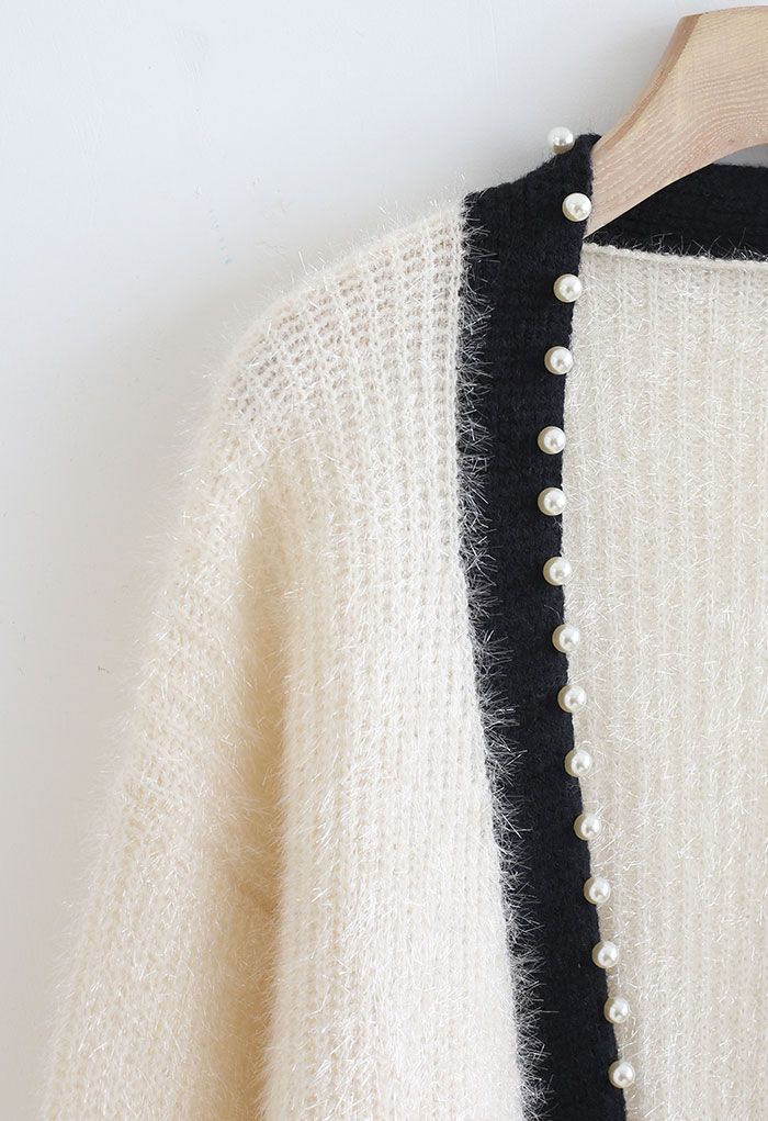 Shimmer Fuzzy Knit Pearly Cardigan in White