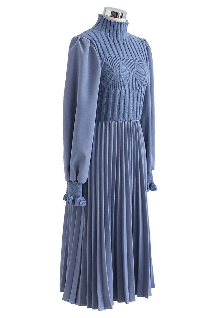 紐繩花紋針織拼接褶皺中長裙-藍色
