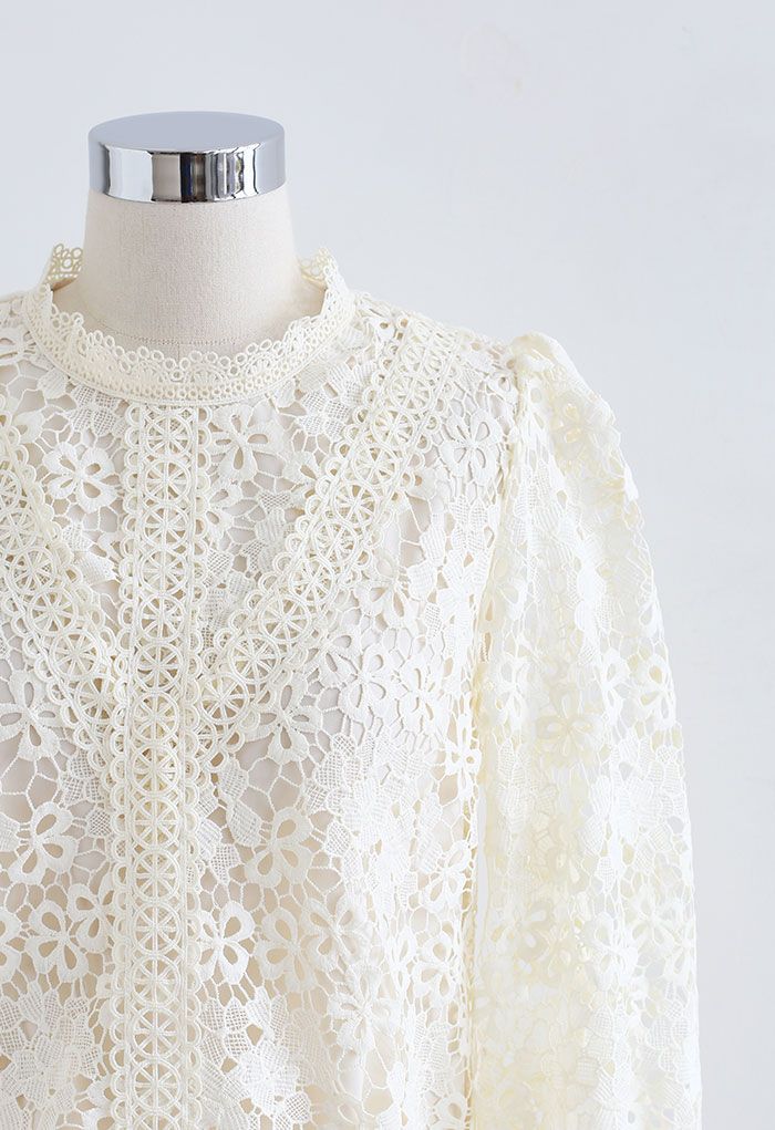 Clover Crochet High Neck Top in Cream