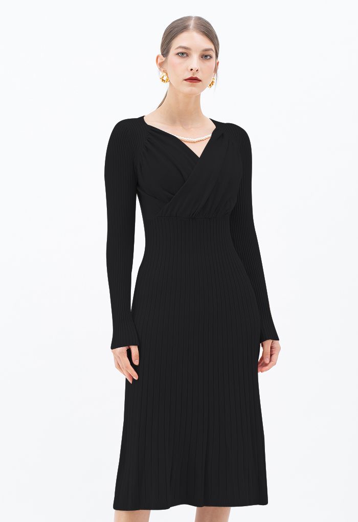 Ruched Wrap Front Ribbed Knit A-line Midi Dress in Black