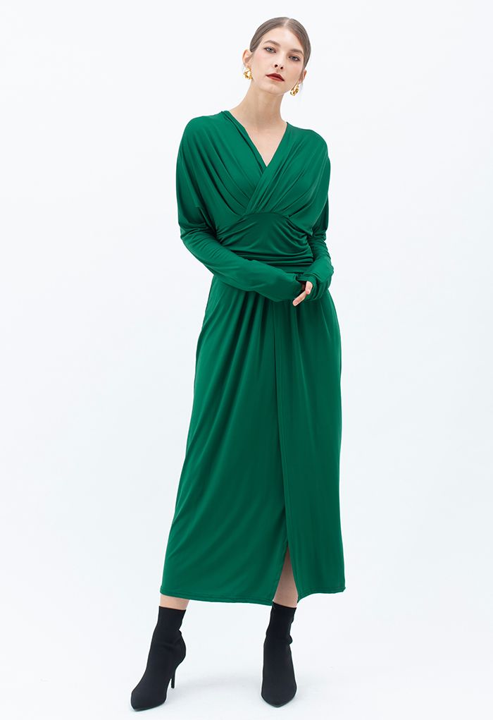 Ruched Wrap V-Neck Slit Maxi Dress in Green