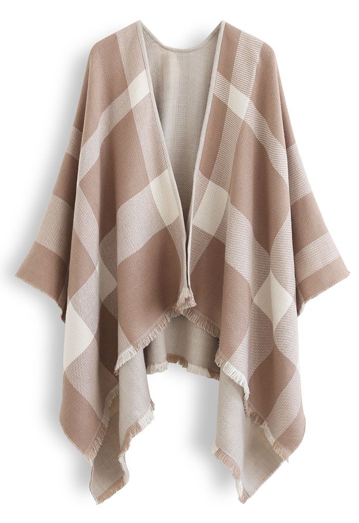 Single-Sided Check Print Reversible Poncho in Taupe