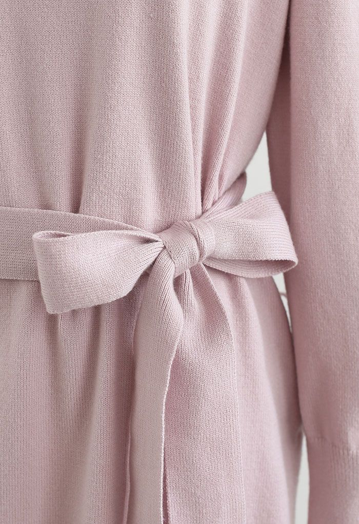 Turtleneck Self-Tie Waist Sweater Dress in Pink