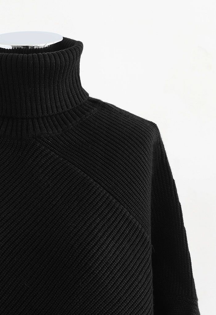 Turtleneck Batwing Sleeve Asymmetric Knit Sweater in Black