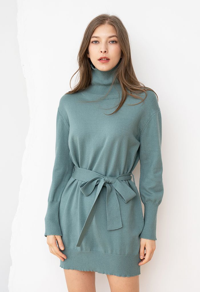 Turtleneck Self-Tie Waist Sweater Dress in Teal