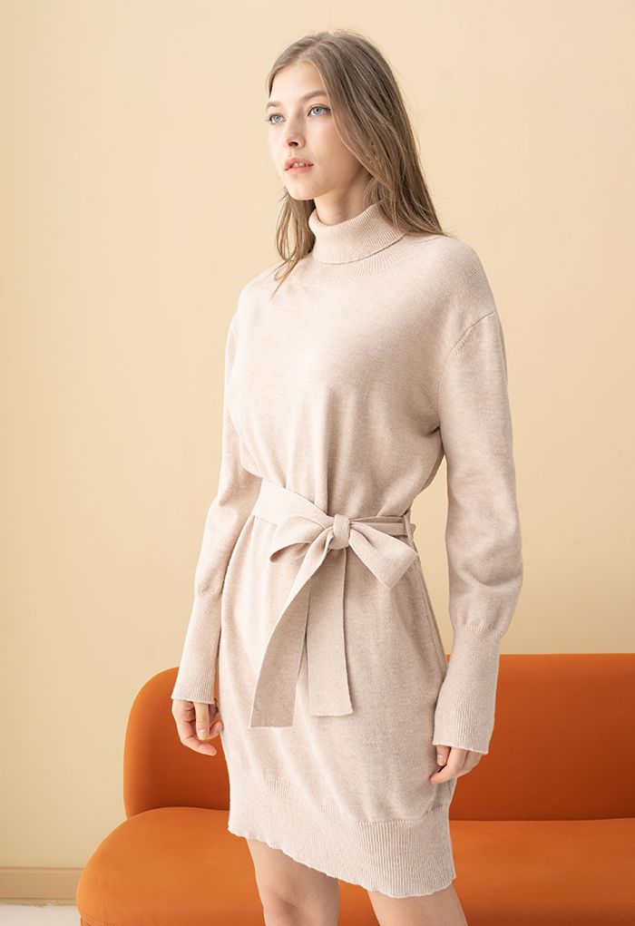 Turtleneck Self-Tie Waist Sweater Dress in Linen 