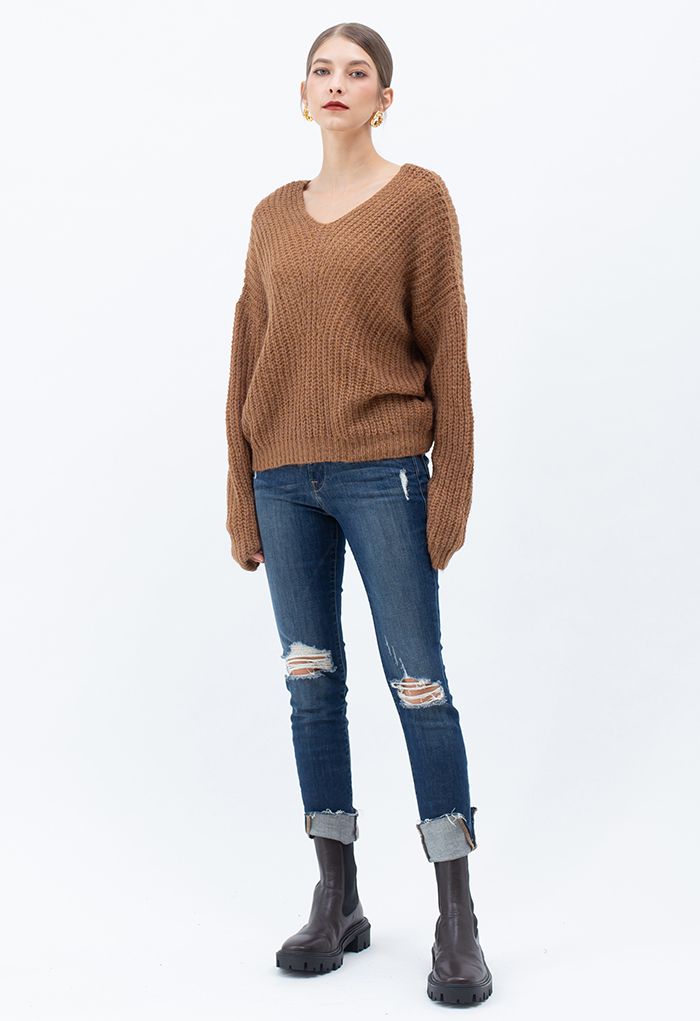V-Neck Hollow Out Knit Sweater in Caramel