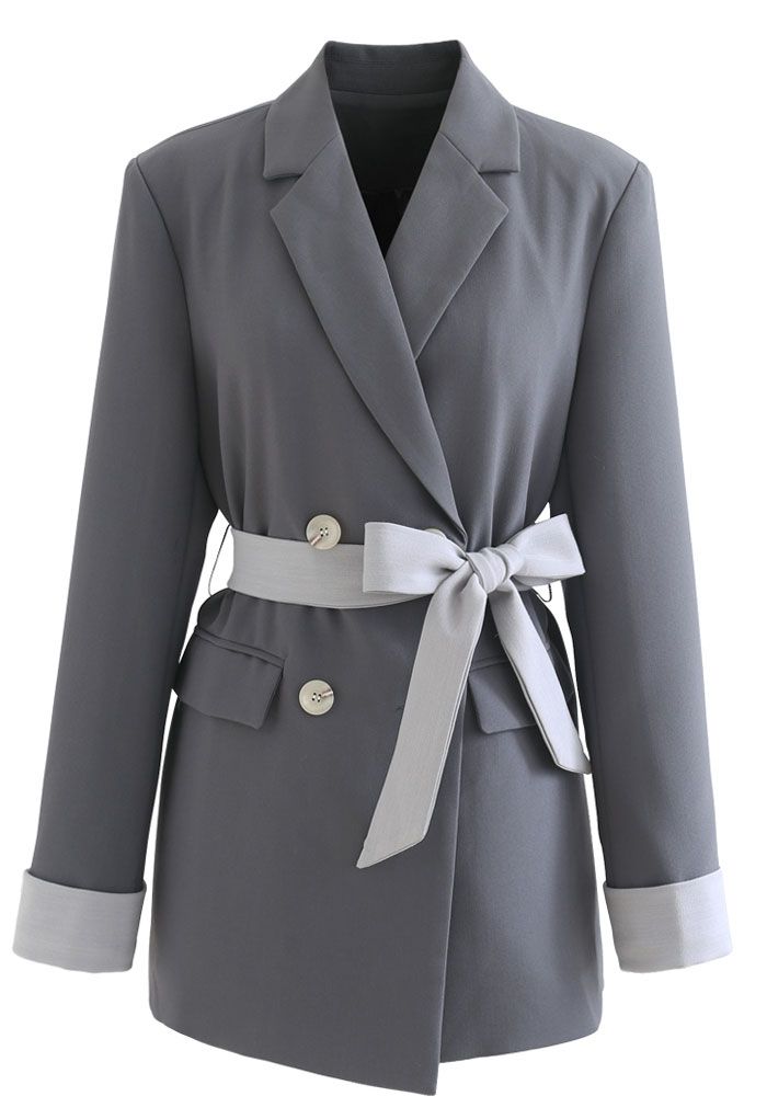 Self-Tied Bowknot Double-Breasted Blazer in Grey
