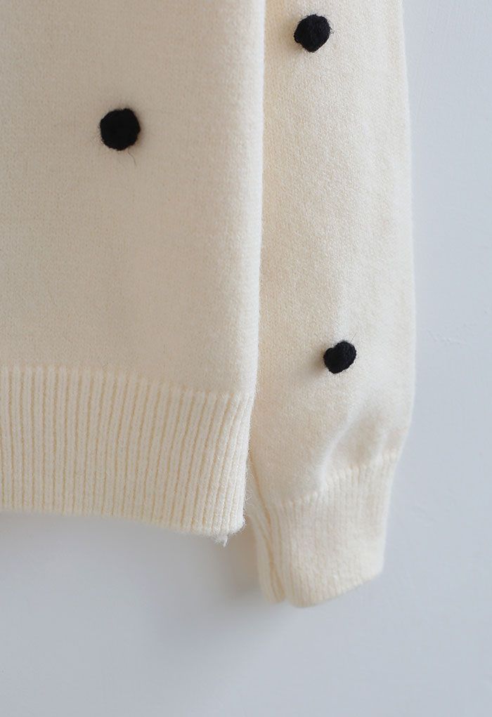 Contrast Pom-Pom Ball Knit Cardigan in Cream