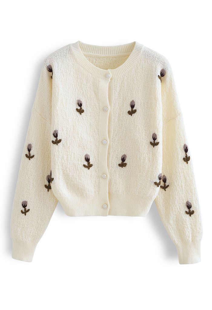 Button Down Stitched Posy Knit Cardigan in Ivory