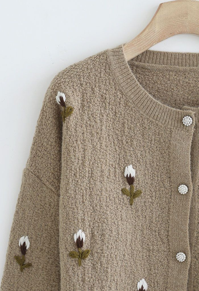 Button Down Stitched Posy Knit Cardigan in Camel