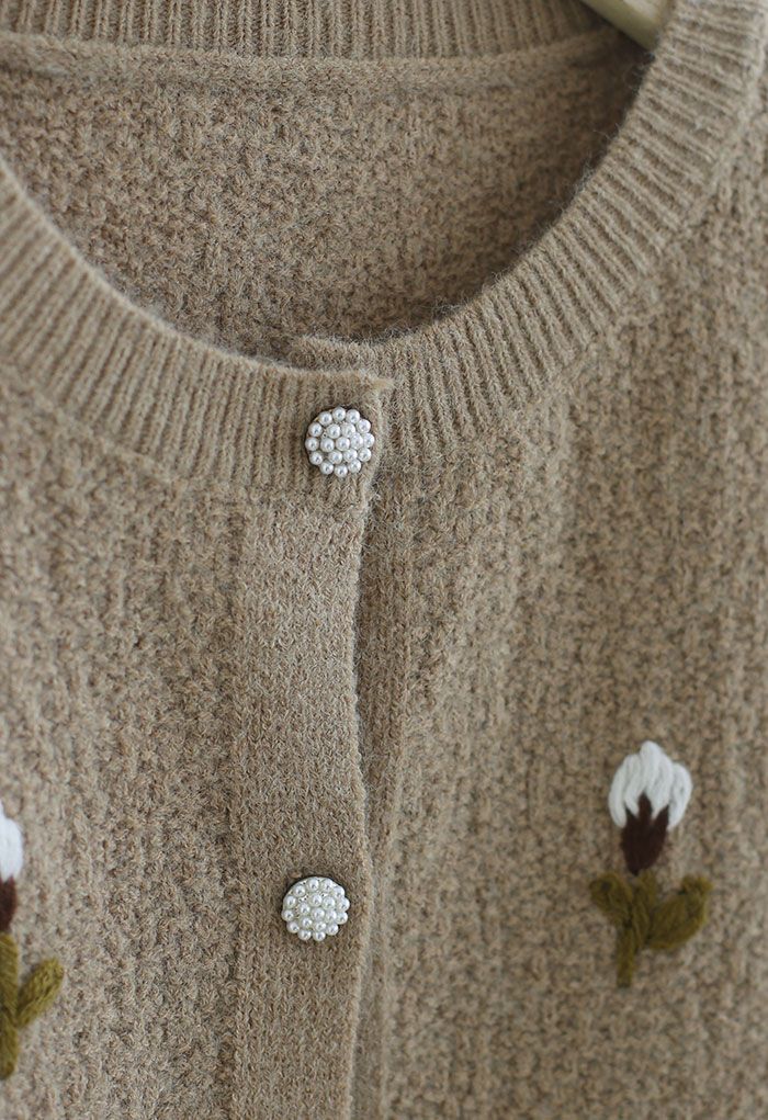 Button Down Stitched Posy Knit Cardigan in Camel
