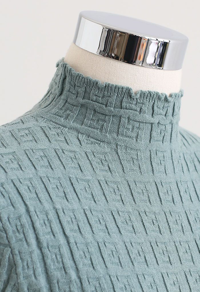 Maze Embossed High Neck Fitted Knit Top in Turquoise