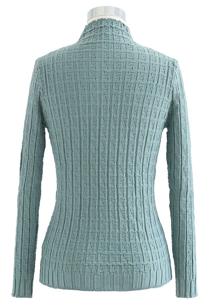 Maze Embossed High Neck Fitted Knit Top in Turquoise