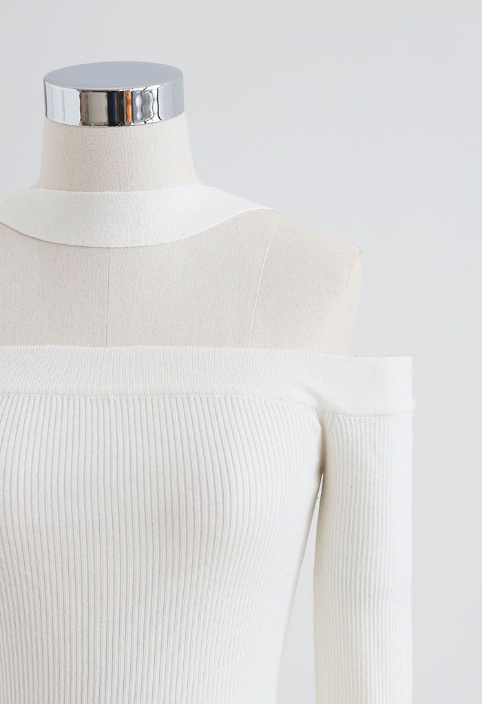 Halter Neck Off-Shoulder Crop Knit Top in White