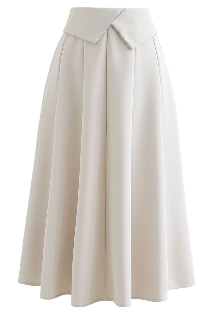 Crystal Flap Seam Detailing Midi Skirt in Ivory