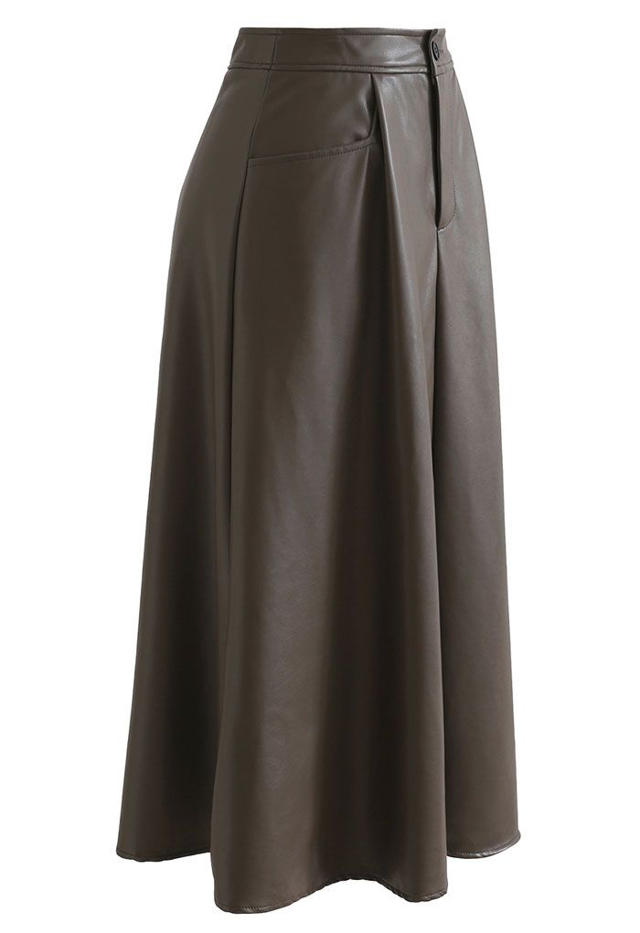 Dual Patched Pockets A-Line Faux Leather Skirt in Brown